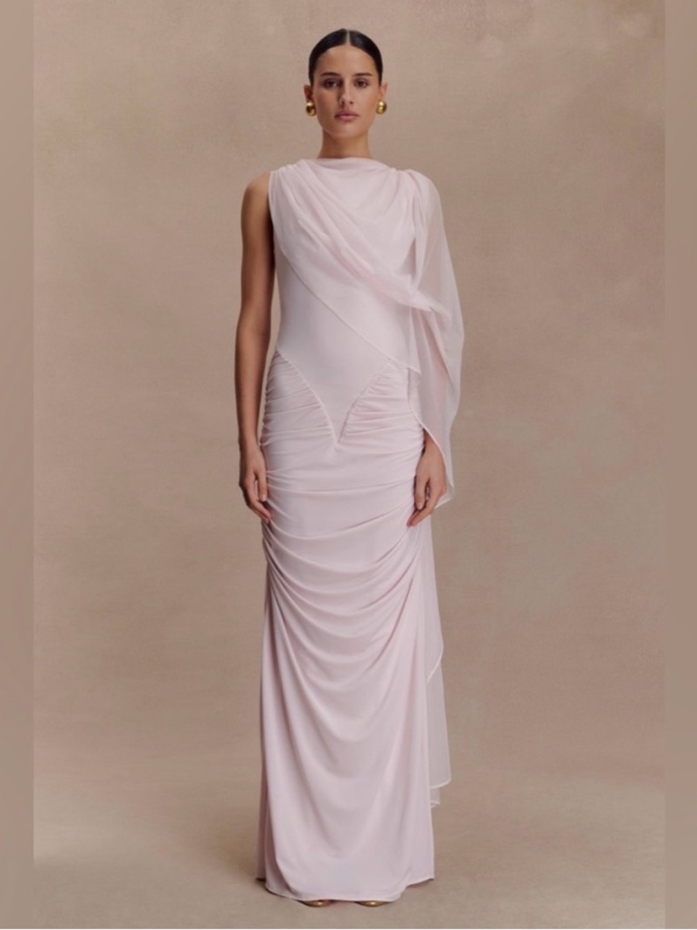 Meshki Elegant Pale Pink Draped Evening Gown